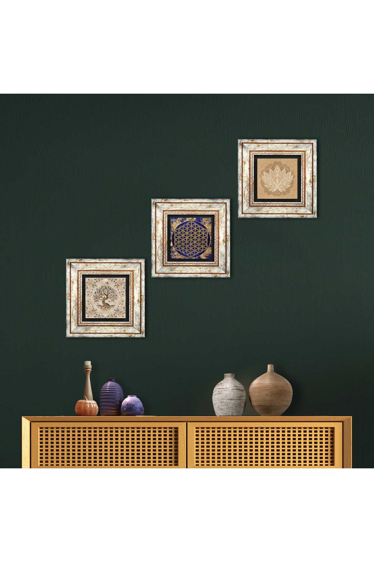 Lotus Çiçeği, Yaşam Çiçeği, Hayat Ağacı Taş Duvar Tablosu Çerçeveli Duvar Dekoru 3 Parça Tablo Seti Wall Art