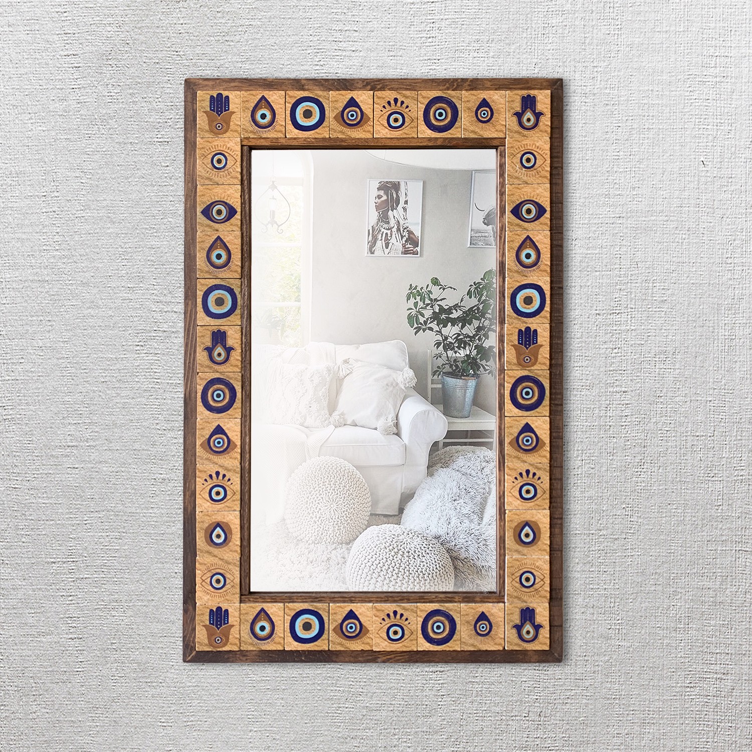 Nazar Taş Duvar Aynası, Ahşap Çerçeveli Dekoratif Ayna, Salon Konsol Boy Aynası, Wall Mirror