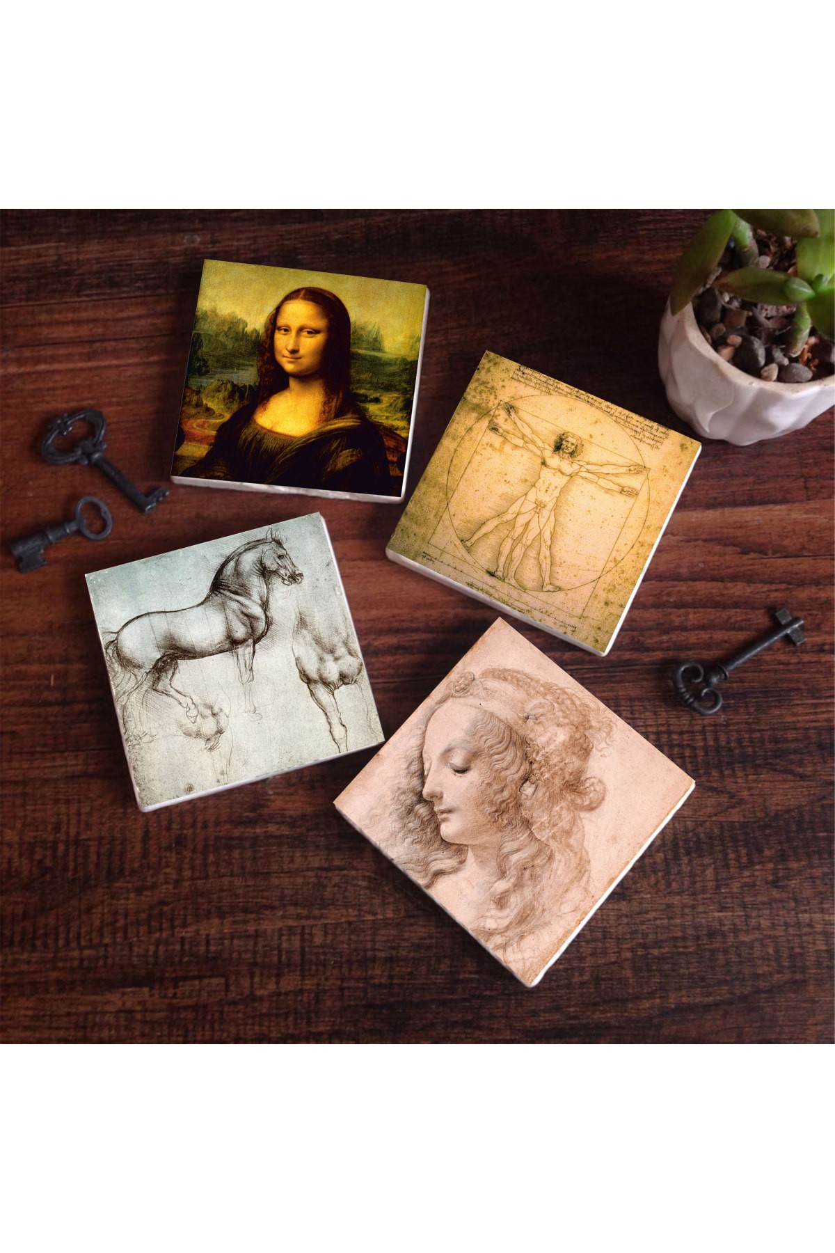 Da Vinci Mona Lisa, Genç Bir Kadının Baş Profili, Vitruvius Adamı, At Heykeli Taş Bardak Altlığı Masaüstü Koruyucu Altlık 4 Parça Set 10x10cm Stone Coasters