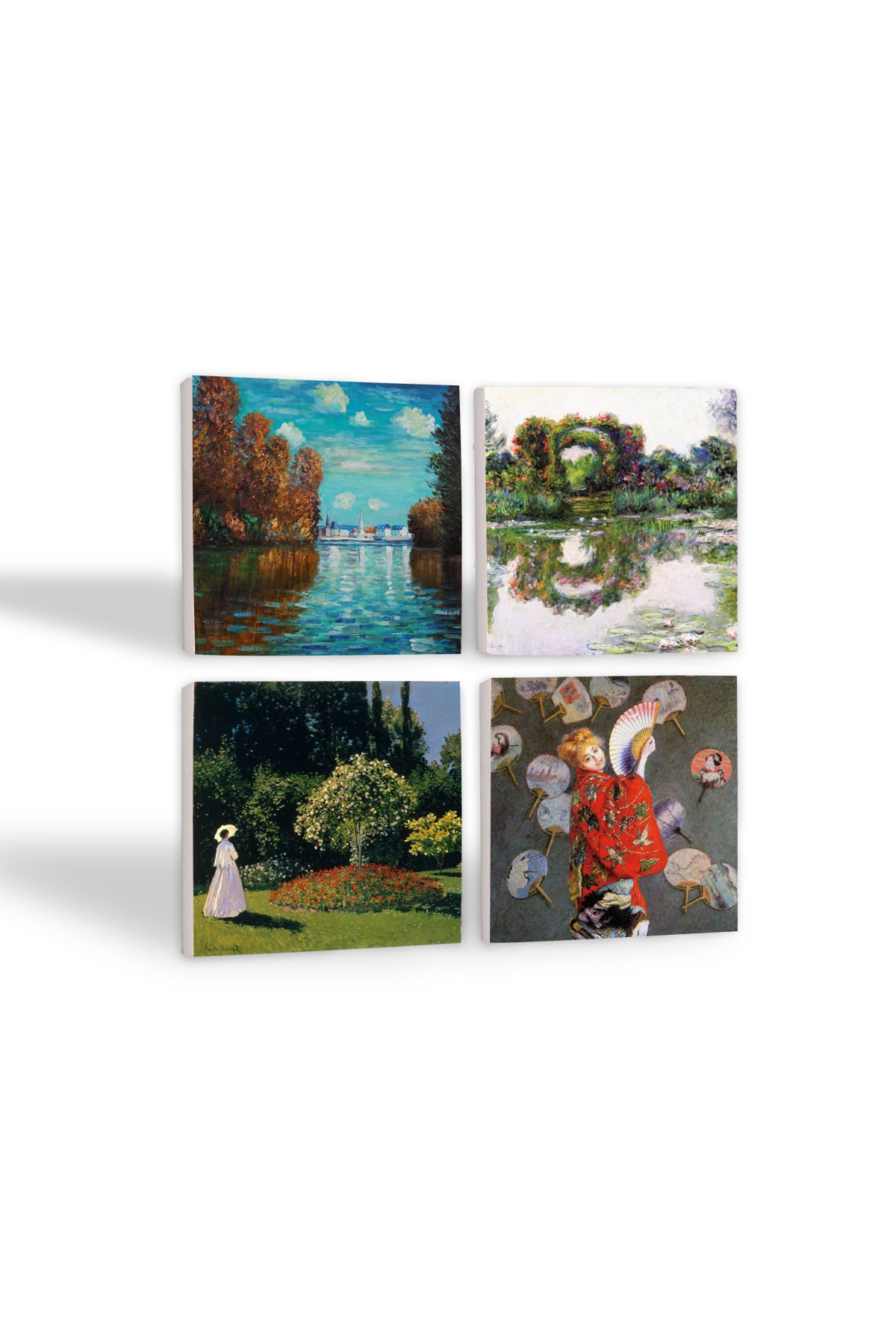 Claude Monet Sonbahar, Japon Kostümü, Gül Çiçekli Kemer, Bahçedeki Kadın Taş Bardak Altlığı Masaüstü Koruyucu Altlık 4 Parça Set 10x10cm Stone Coasters