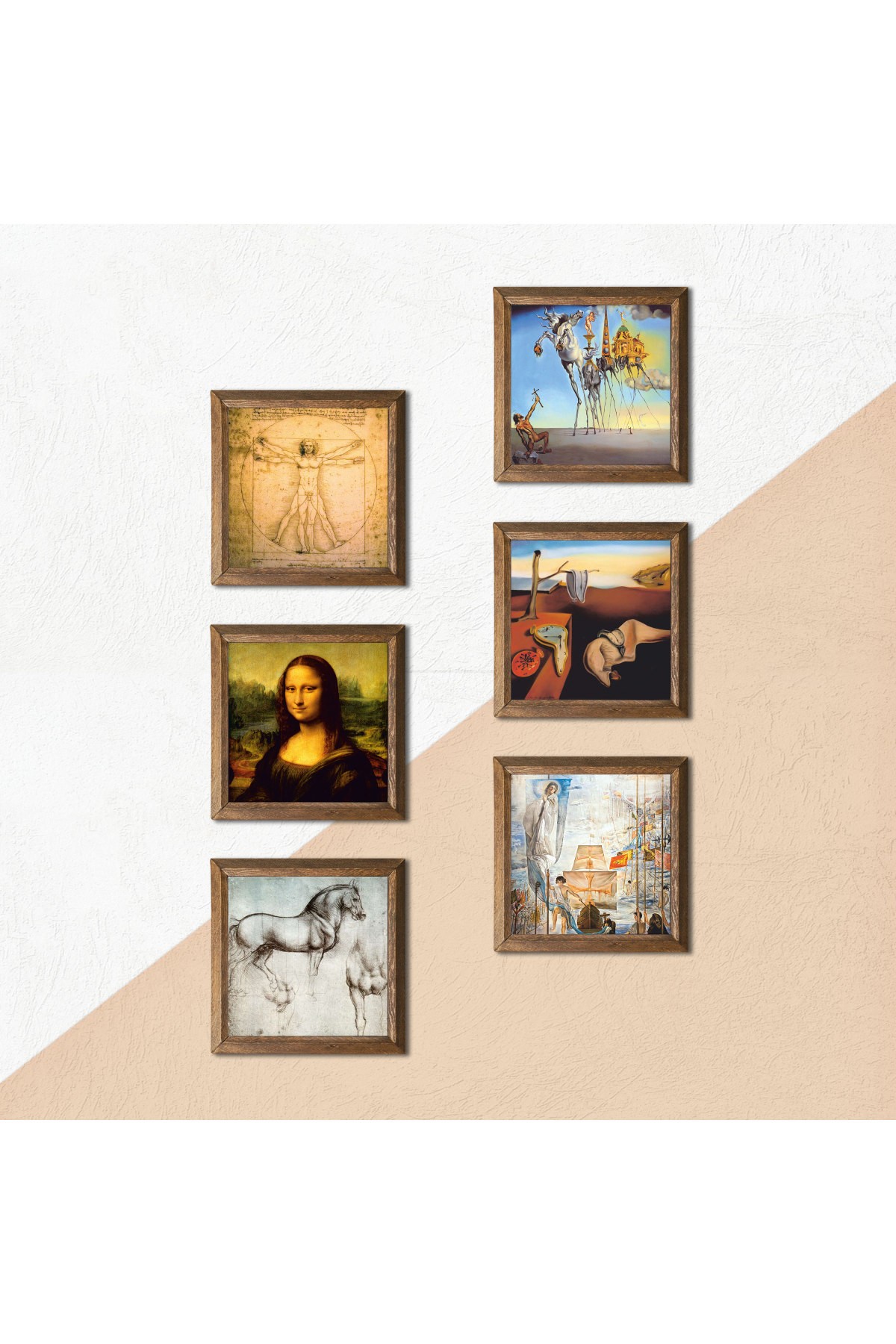 Leonardo da Vinci, Salvador Dalí Taş Duvar Tablosu Ahşap Çerçeveli Duvar Dekoru 6 Parça Tablo Seti Wall Art