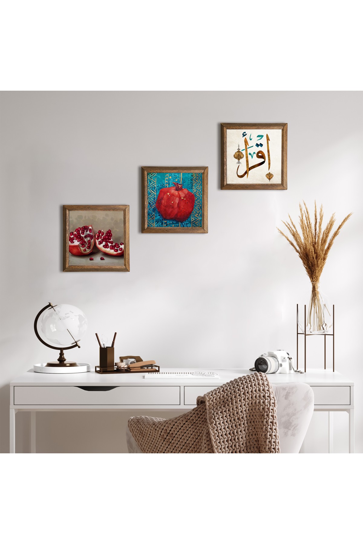 First Verse 'Read', Pomegranate Stone Wall Painting Wood Framed Wall Decor 3 Piece Painting Set Wall Art