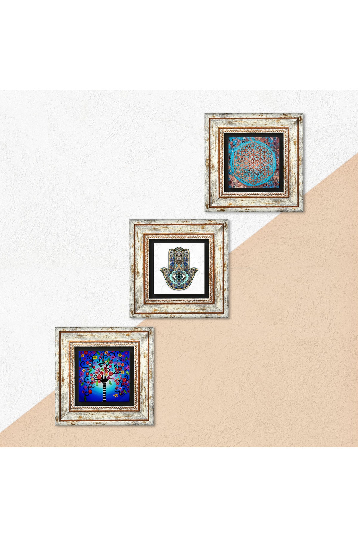 Flower of Life, Tree of Life, Hand of Mother Fatima (Hamsa) Stone Wall Painting Framed Wall Decoration 3 Piece Painting Set Wall Art