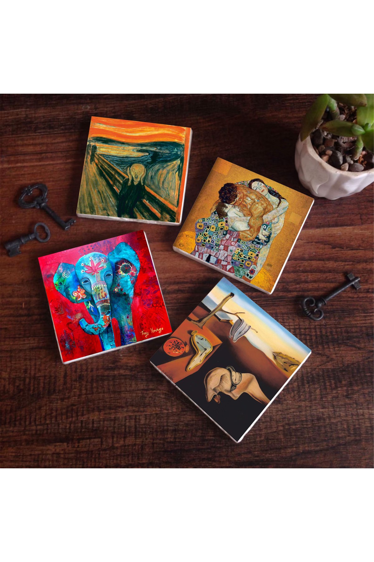 Salvador Dalí The Persistence of Memory, Elephant, Scream, Gustav Klimt Family Embrace Stone Coasters Desktop Protective Coaster 4 Piece Set 10x10cm Stone Coasters