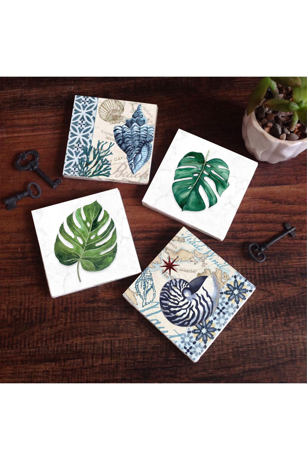 Sea Shell, Leaf Stone Coasters Desktop Protective Coasters 4 Piece Set 10x10cm Stone Coasters