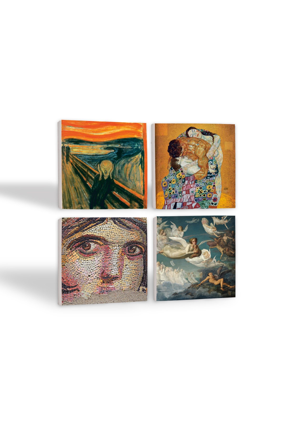 Çığlık, Çingene Kızı Mozaiği, Gustav Klimt Aile Kucaklama, Ruhların Geçişi Taş Bardak Altlığı Masaüstü Koruyucu Altlık 4 Parça Set 10x10cm Stone Coasters