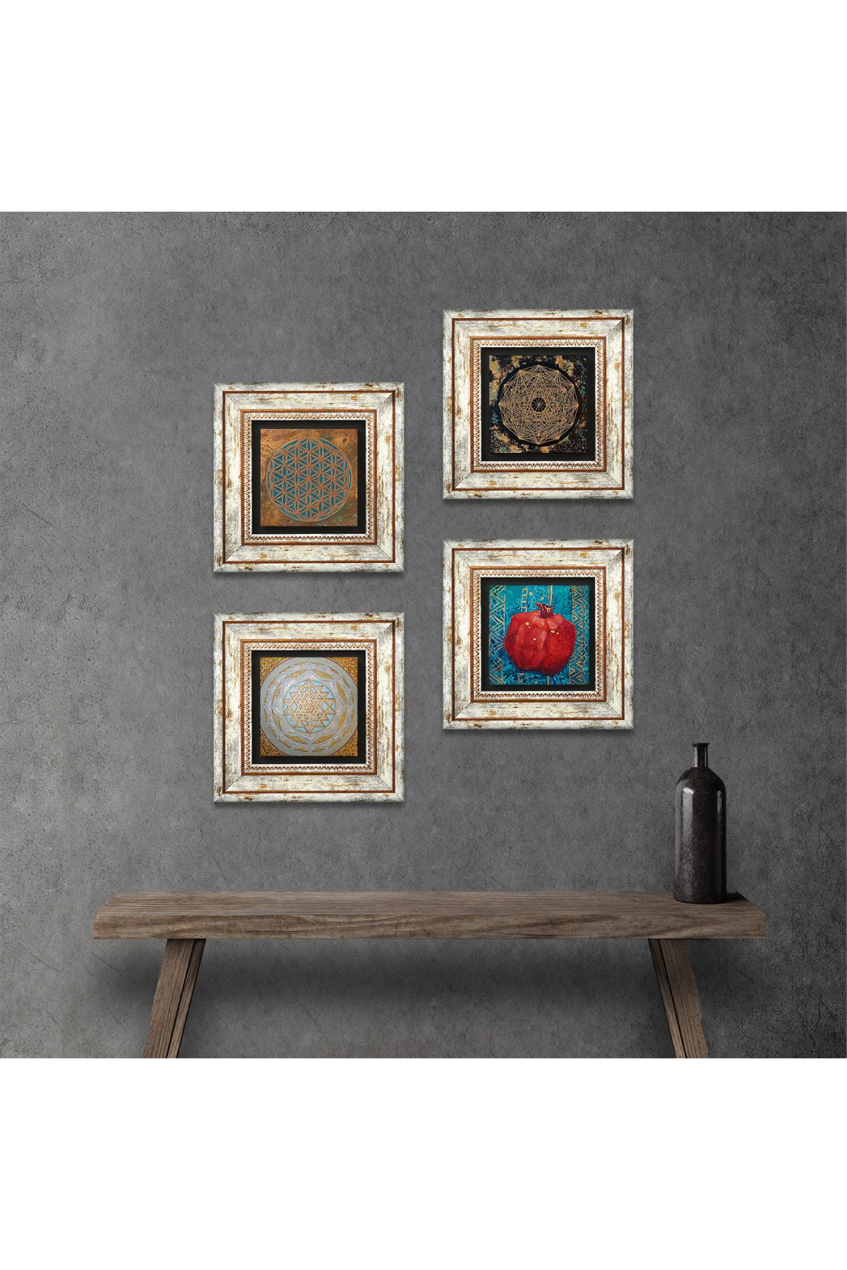 Flower of Life, Sri Yantra, Pomegranate Stone Wall Painting Framed Wall Decor 4 Piece Painting Set Wall Art