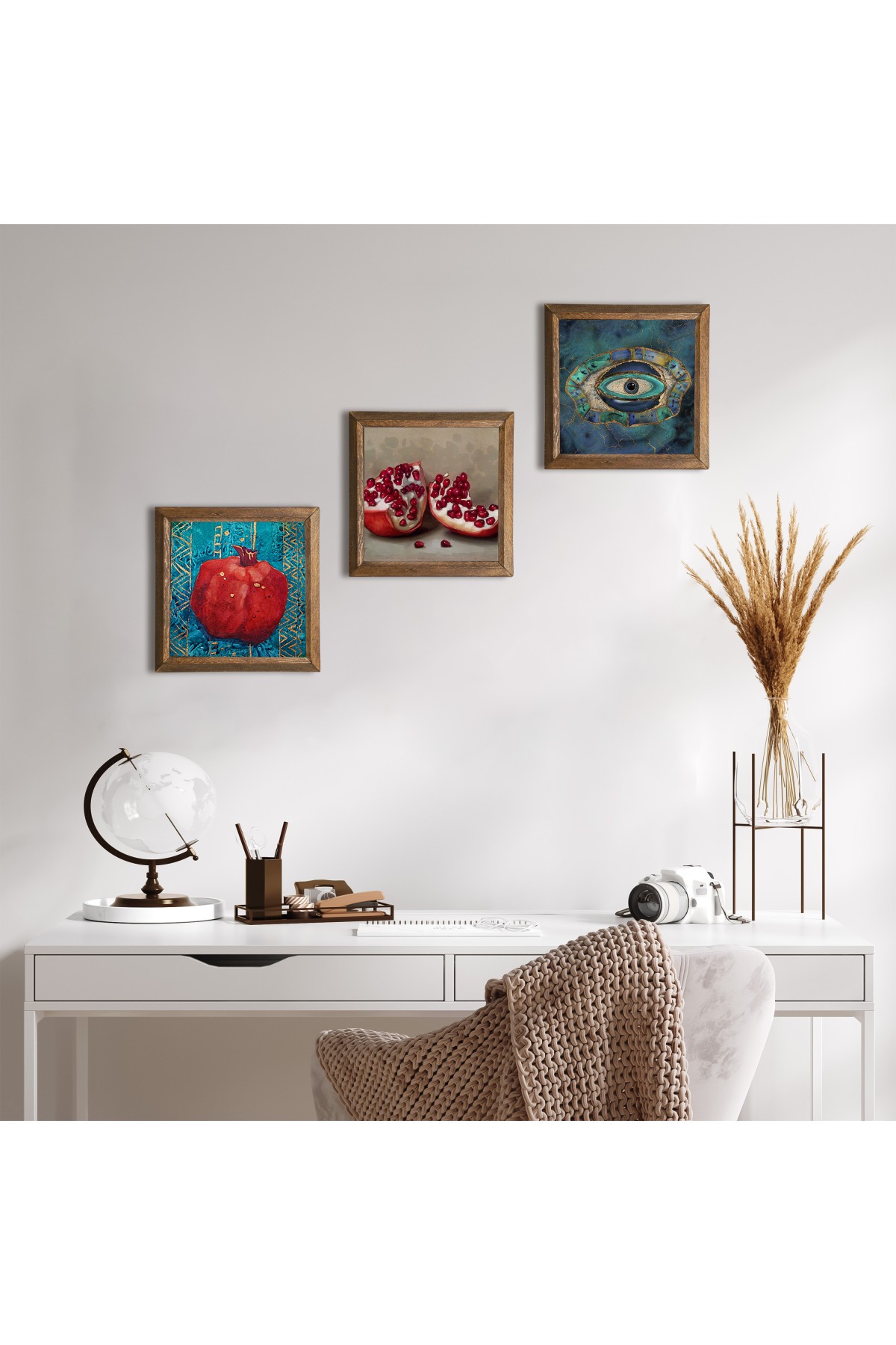 Evil Eye, Pomegranate Stone Wall Painting Wooden Framed Wall Decor 3 Piece Painting Set Wall Art