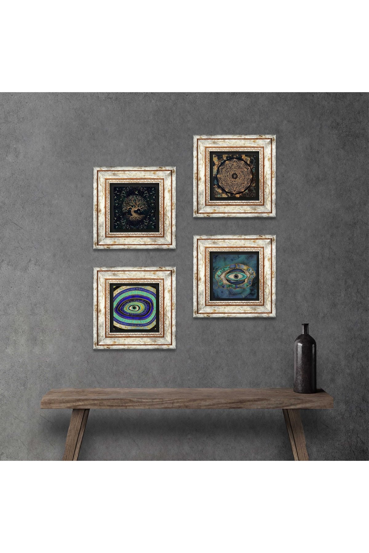 Evil Eye, Sri Yantra, Tree of Life Stone Wall Painting Framed Wall Decor 4 Piece Painting Set Wall Art