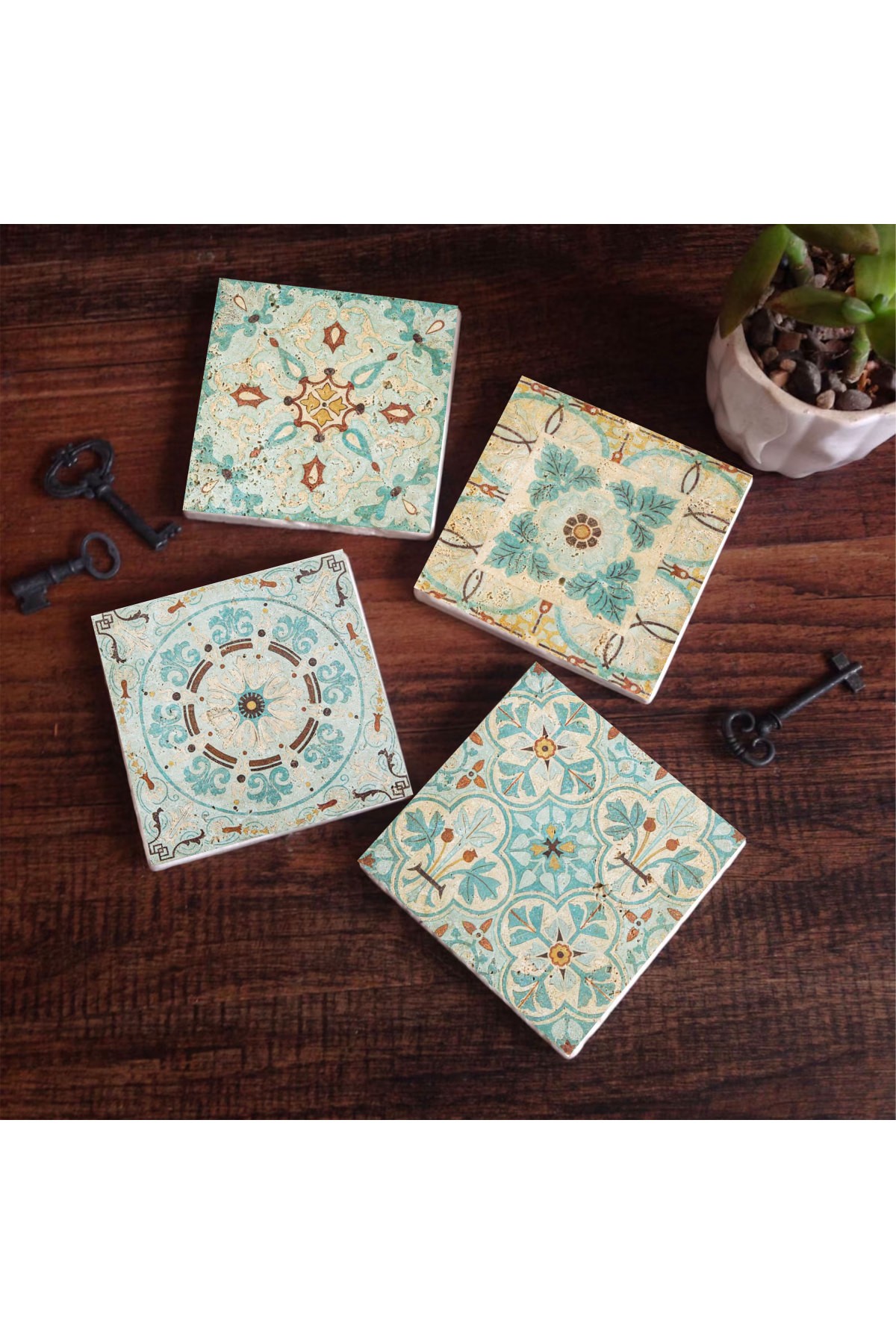 Pattern Stone Coasters Desktop Protective Coasters 4 Piece Set 10x10cm Stone Coasters