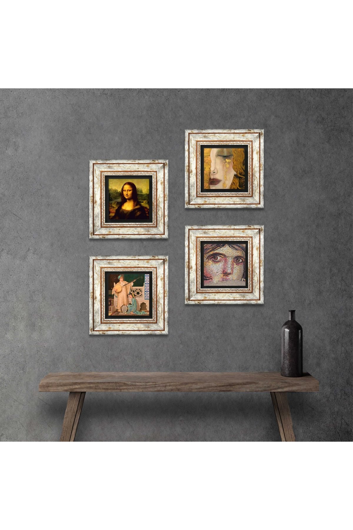 Gypsy Girl, Gustav Klimt, Two Musician Girls, Leonardo da Vinci Stone Wall Painting Framed Wall Decor 4 Piece Painting Set Wall Art