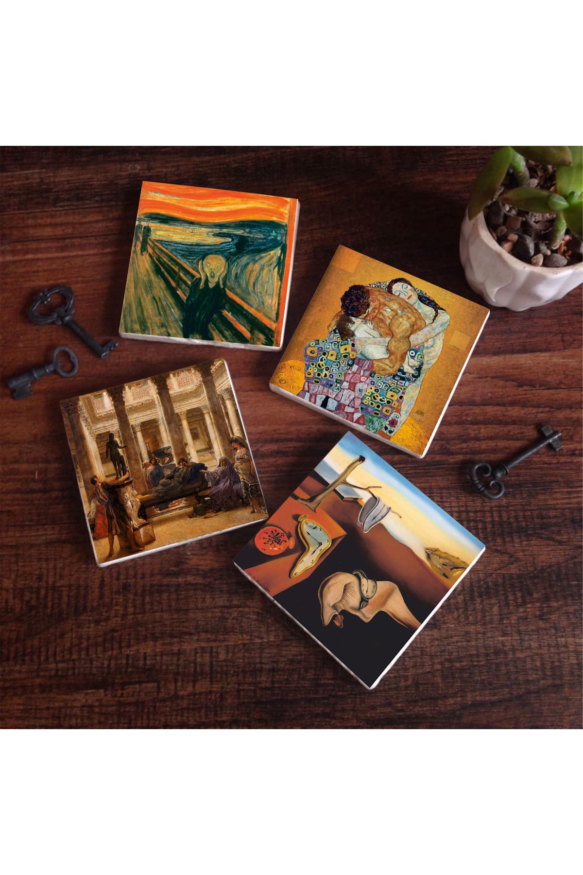 Dalí The Persistence of Memory, The Scream, Gustav Klimt Family Embrace, A Roman Art Lover Stone Coasters Desktop Protective Coaster 4 Piece Set 10x10cm Stone Coasters