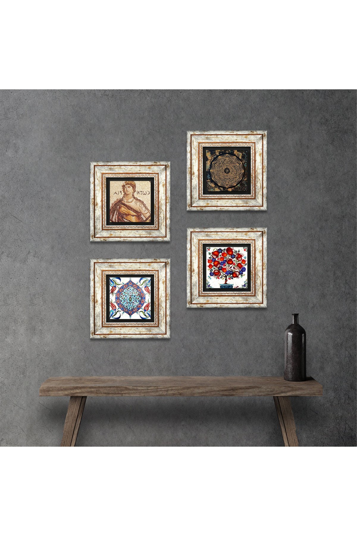 Sri Yantra, Soteria Mosaic, Tile Art, Pomegranate Tree Stone Wall Painting Framed Wall Decor 4 Piece Painting Set Wall Art