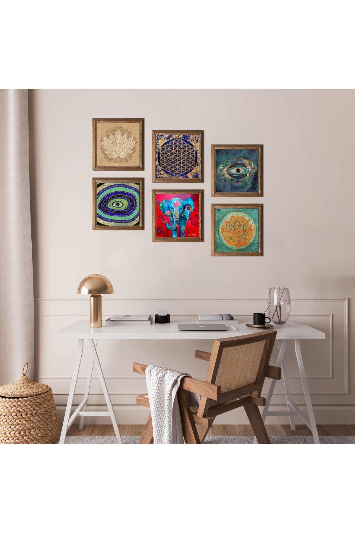 Fil, Nazar, Lotus Çiçeği, Yaşam Çiçeği Taş Duvar Tablosu Ahşap Çerçeveli Duvar Dekoru 6 Parça Tablo Seti Wall Art