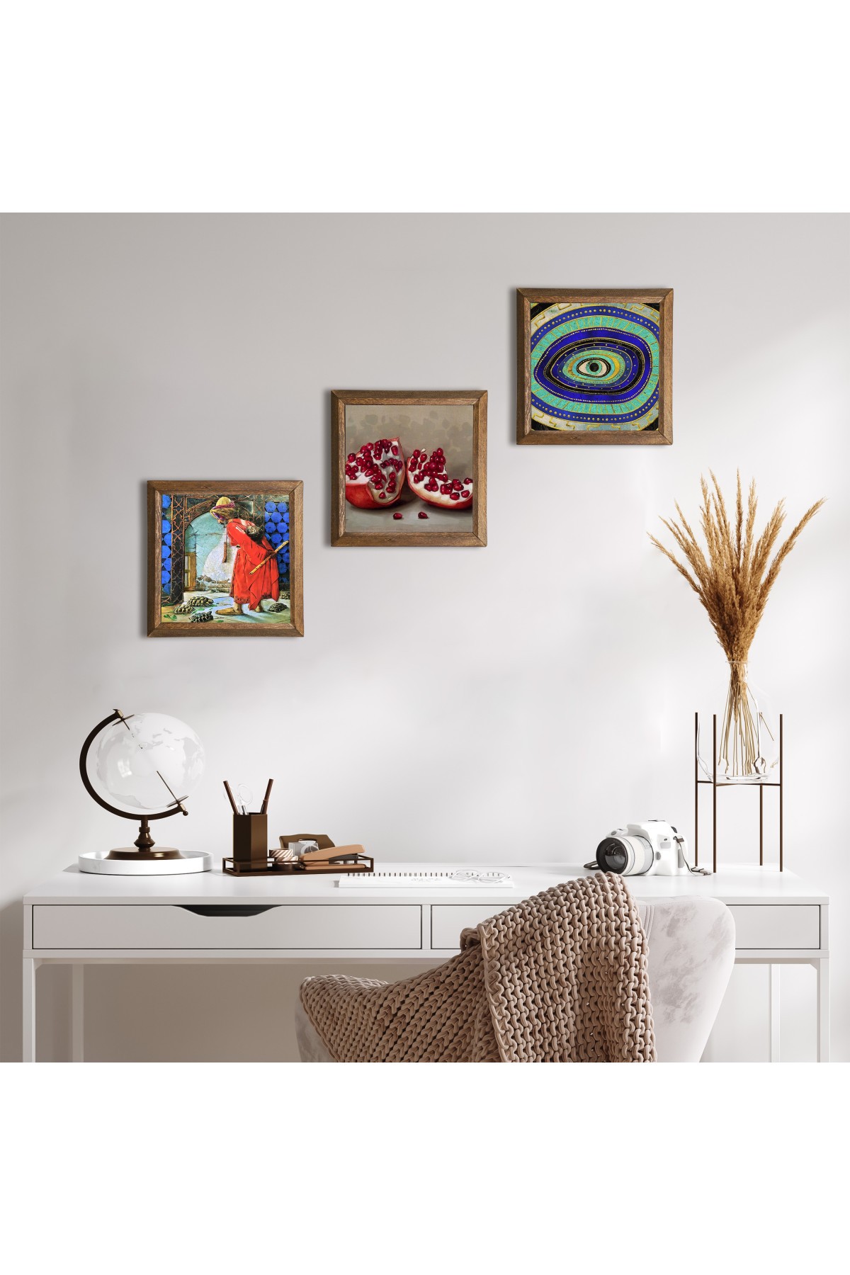 Evil Eye, Turtle Trainer, Pomegranate Stone Wall Painting Wooden Framed Wall Decor 3 Piece Painting Set Wall Art