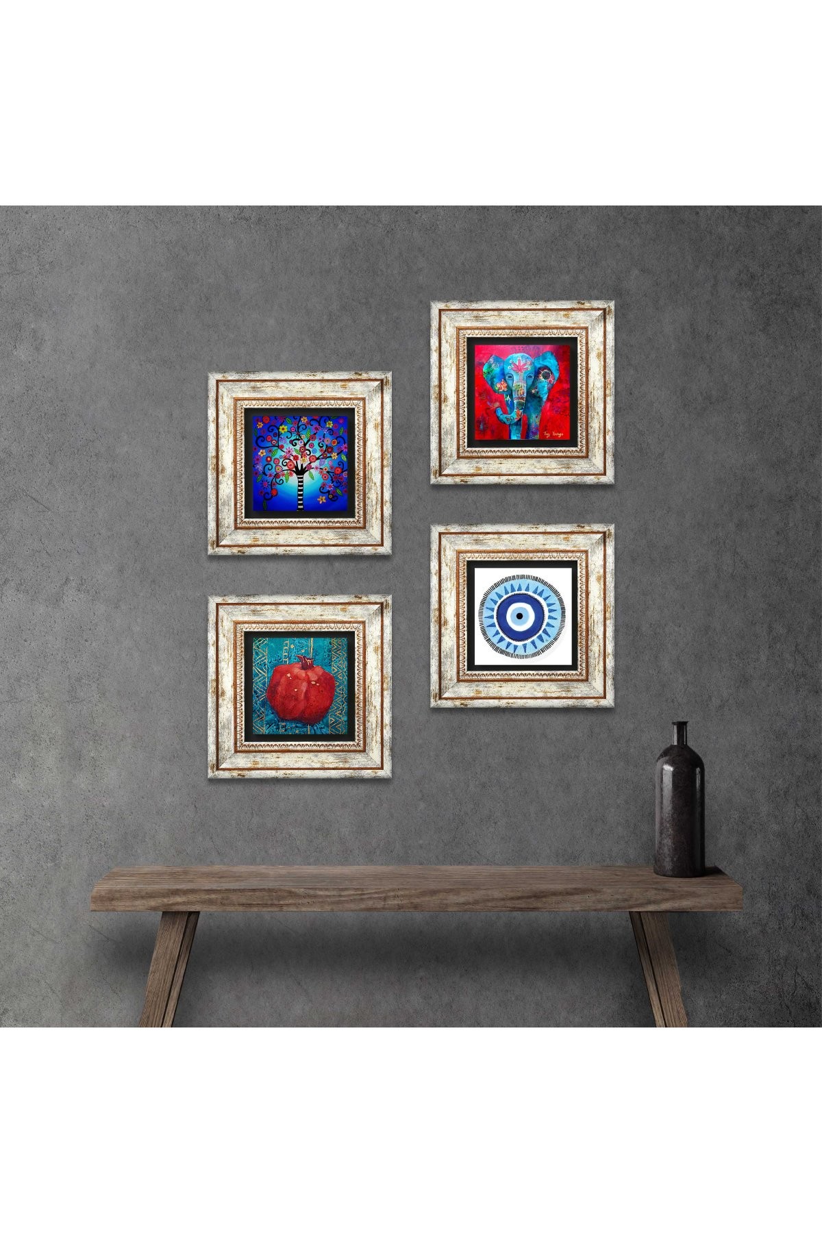 Evil Eye, Elephant, Tree of Life, Pomegranate Stone Wall Painting Framed Wall Decor 4 Piece Painting Set Wall Art