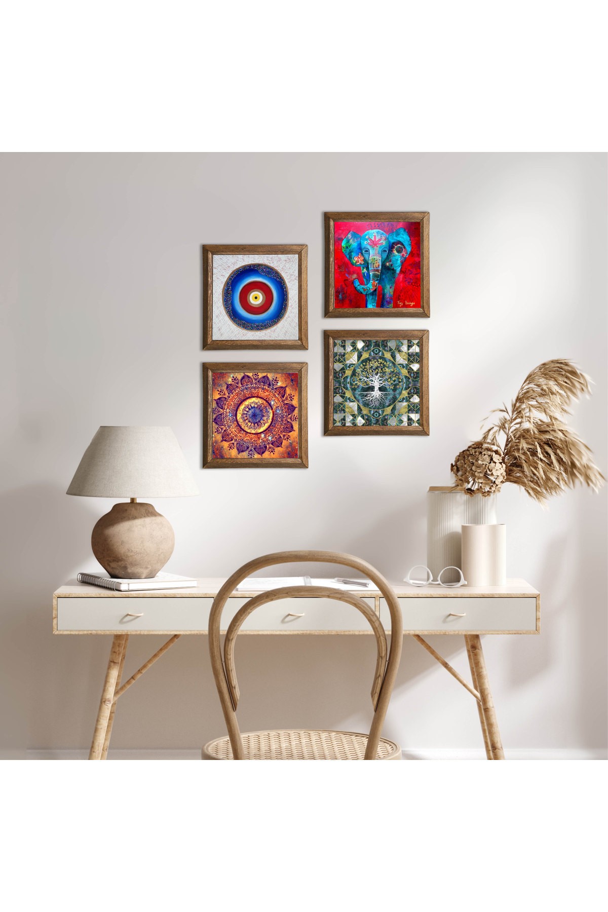 Nazar, Hayat Ağacı, Mandala, Fil Taş Duvar Tablosu Ahşap Çerçeveli Duvar Dekoru 4 Parça Tablo Seti Wall Art