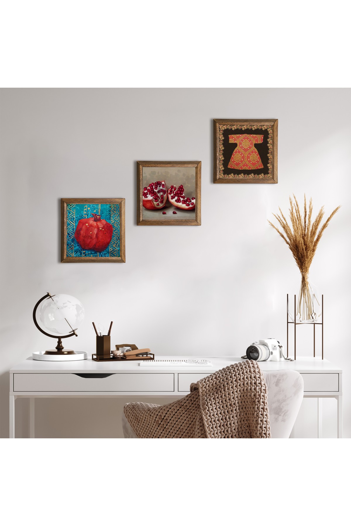 Cardigan, Pomegranate Stone Wall Painting Wooden Framed Wall Decor 3 Piece Painting Set Wall Art