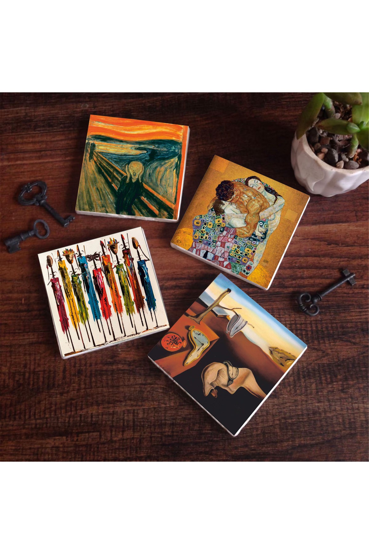 Salvador Dalí The Persistence of Memory, The Scream, Native Women, Gustav Klimt Family Embrace Stone Coasters Desktop Protective Coaster 4 Piece Set 10x10cm Stone Coasters