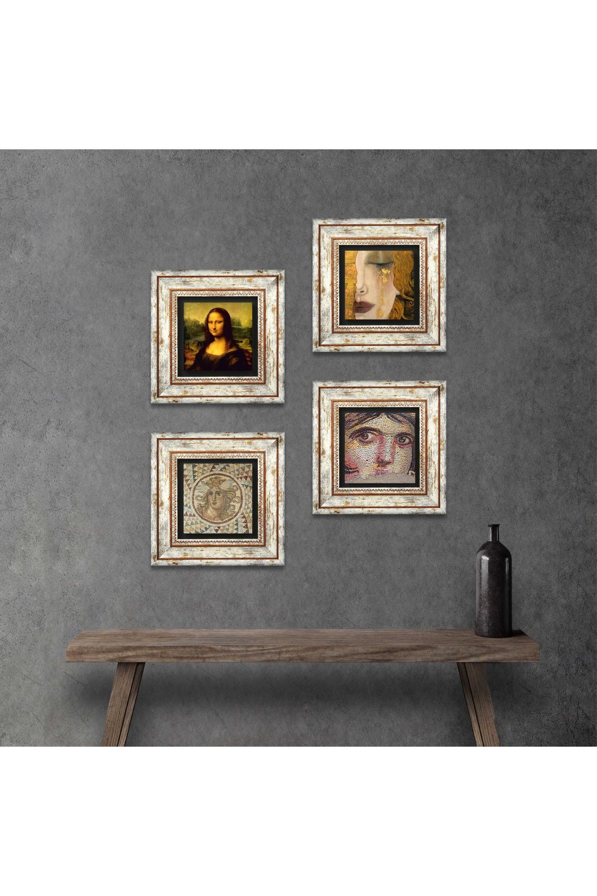 Çingene Kızı, Mozaik, Gustav Klimt, Leonardo da Vinci Taş Duvar Tablosu Çerçeveli Duvar Dekoru 4 Parça Tablo Seti Wall Art