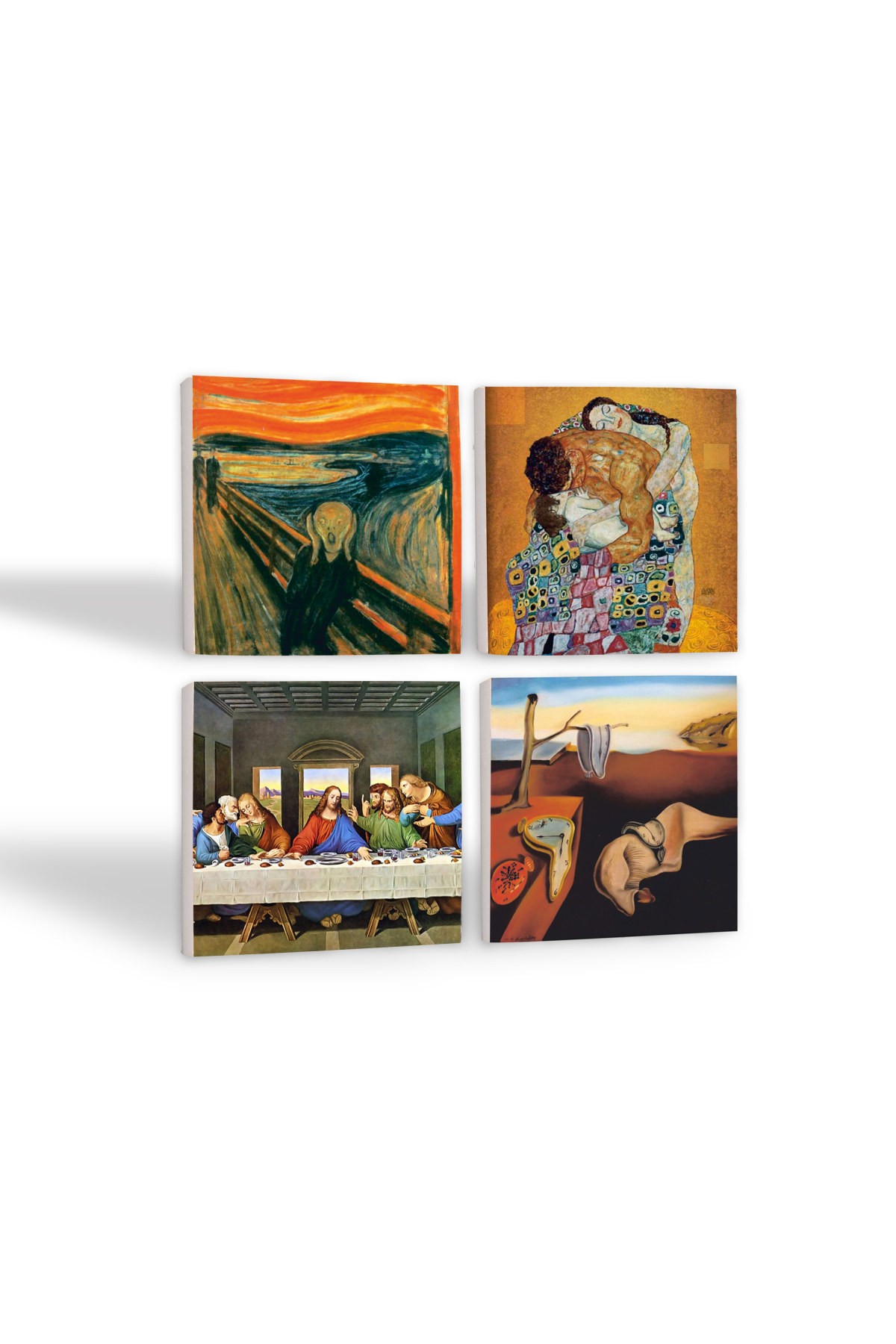 Dalí Belleğin Azmi, Da Vinci Son Akşam Yemeği, Çığlık, Klimt Aile Kucaklama Taş Bardak Altlığı Masaüstü Koruyucu Altlık 4 Parça Set 10x10cm Stone Coasters