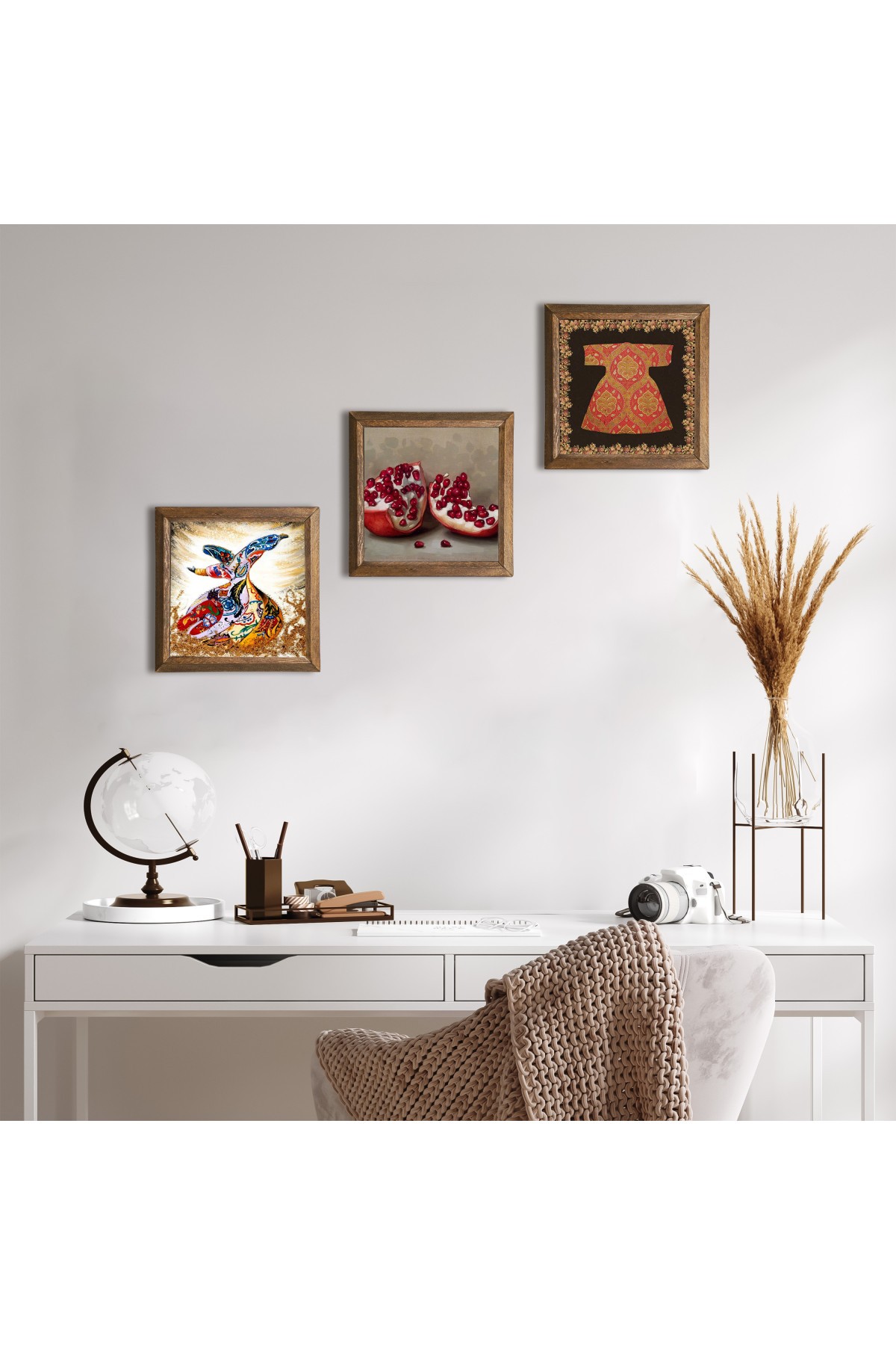 Cardigan, Whirling Dervish, Pomegranate Stone Wall Painting Wooden Framed Wall Decor 3 Piece Painting Set Wall Art