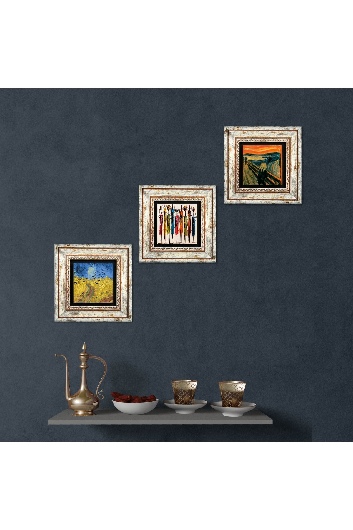 Van Gogh Buğday Tarlası ve Kargalar, Çığlık, Yerli Kadınlar Taş Duvar Tablosu Çerçeveli Duvar Dekoru 3 Parça Tablo Seti Wall Art