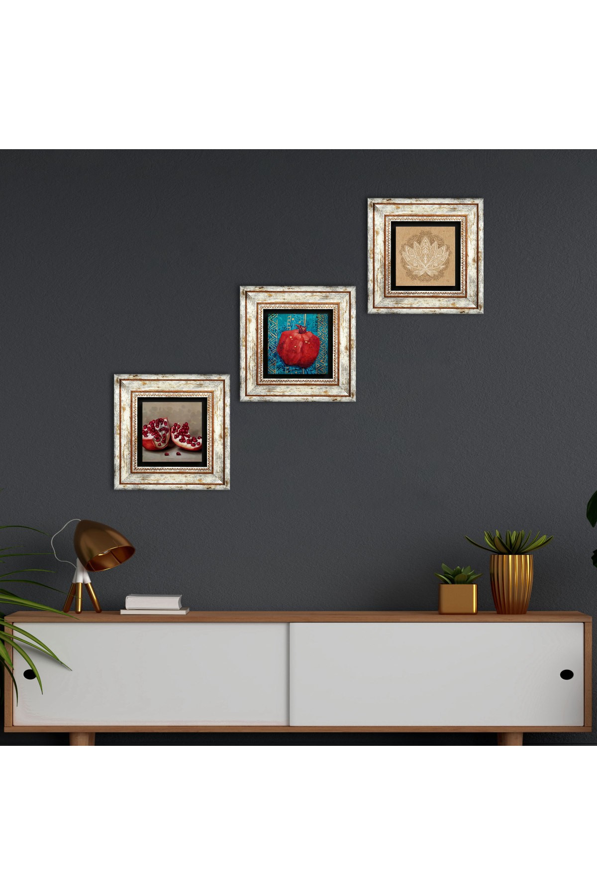 Lotus Çiçeği, Nar Taş Duvar Tablosu Çerçeveli Duvar Dekoru 3 Parça Tablo Seti Wall Art