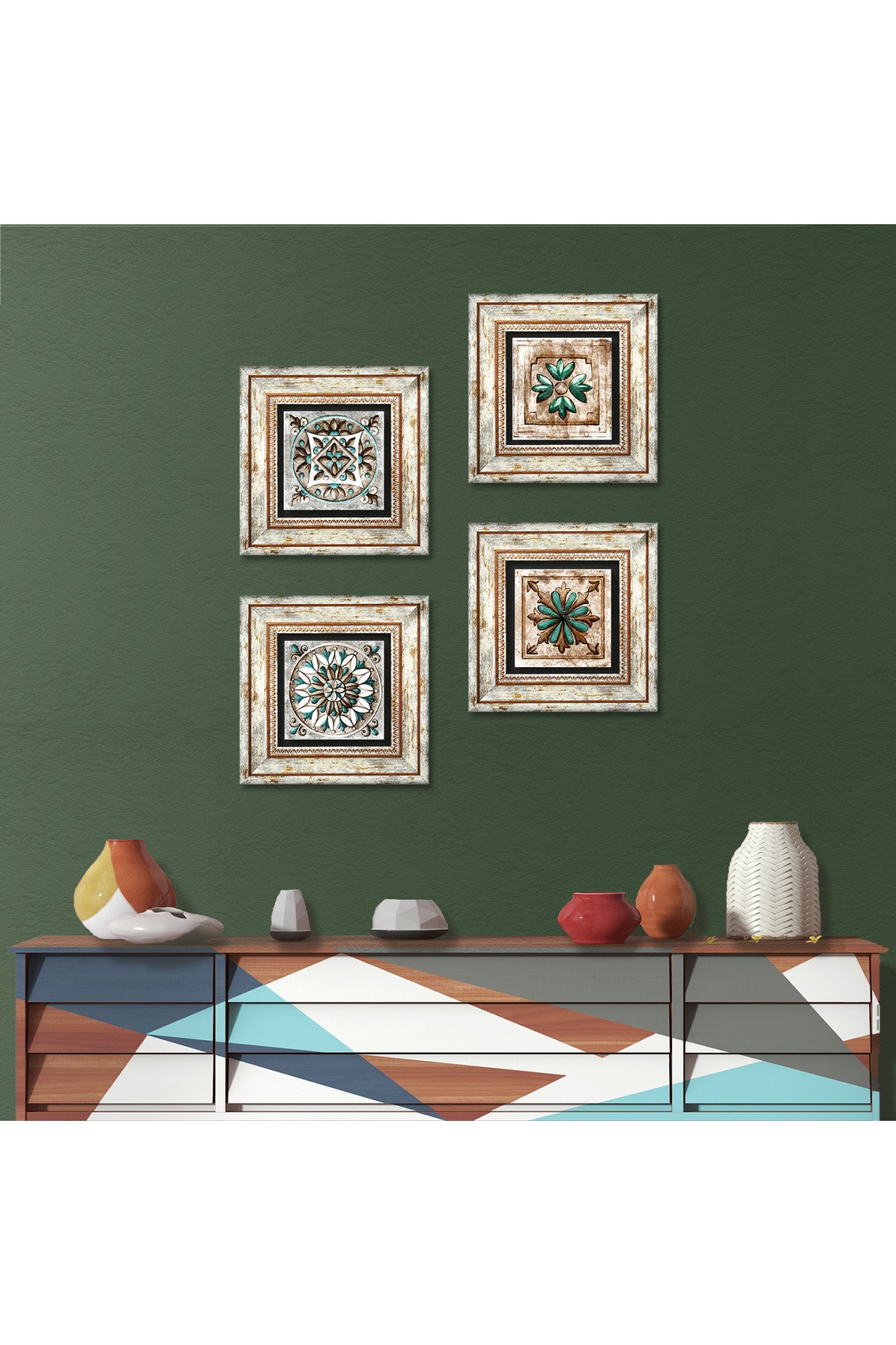 Moroccan Patterned Vintage, Tile Art Stone Wall Painting Framed Wall Decor 4 Piece Painting Set Wall Art