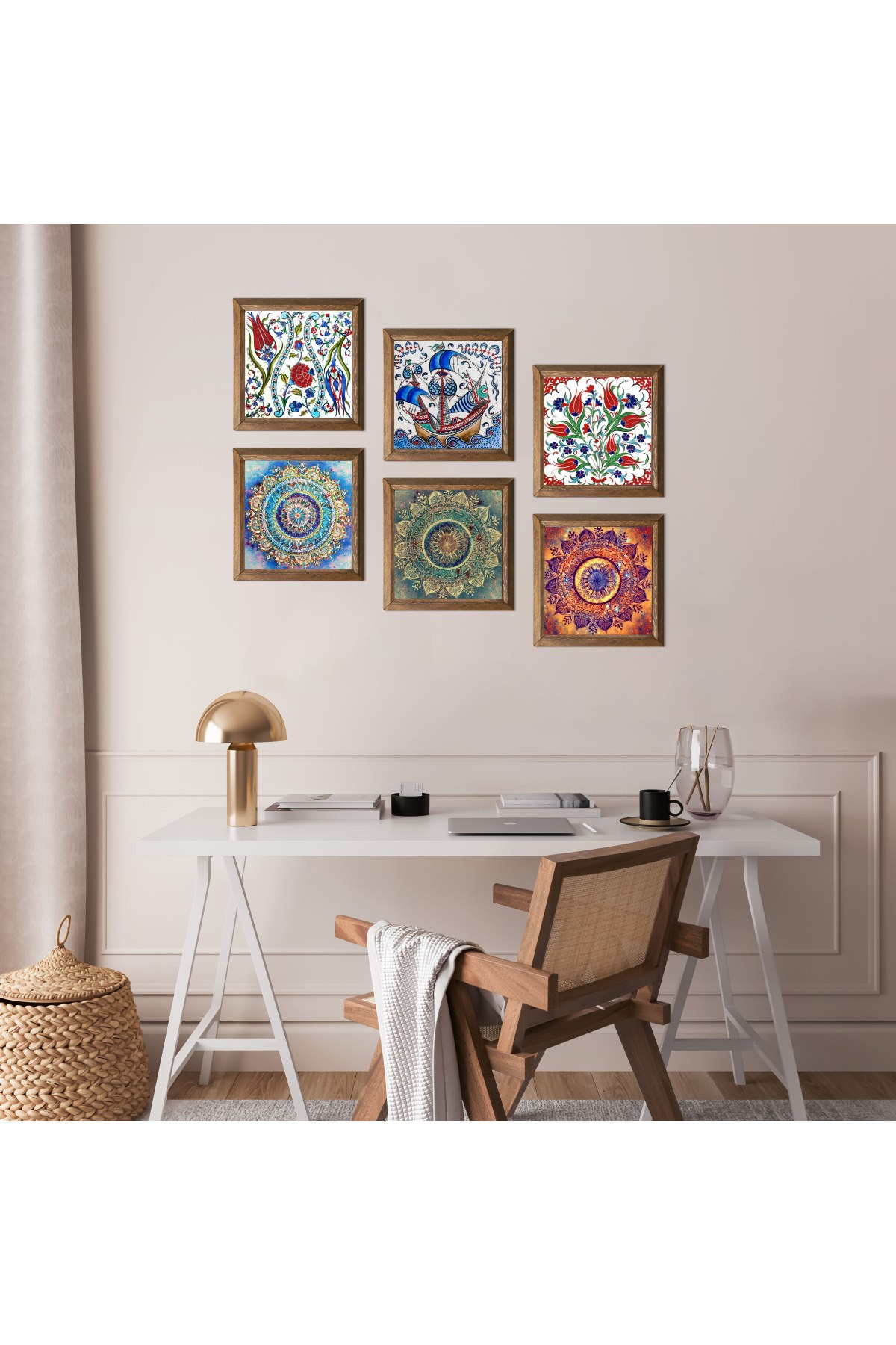 Mandala, Çini Sanatı Yelkenli Gemi, Lale Taş Duvar Tablosu Ahşap Çerçeveli Duvar Dekoru 6 Parça Tablo Seti Wall Art