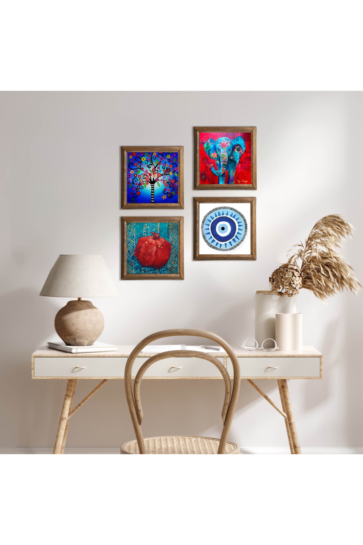 Evil Eye, Elephant, Tree of Life, Pomegranate Stone Wall Painting Wooden Framed Wall Decor 4 Piece Painting Set Wall Art