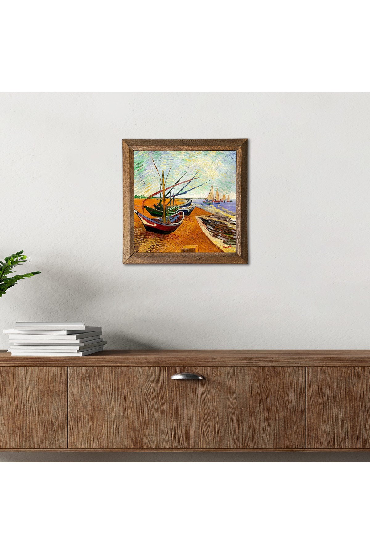 Vincent van Gogh Fishing Boats Stone Wall Painting Wood Framed Wall Decor Wall Art 25x25cm