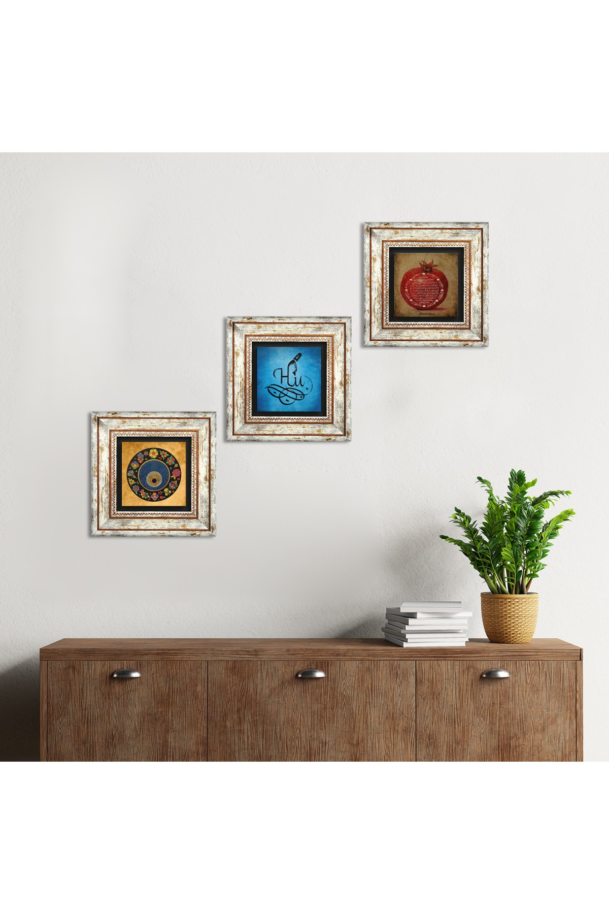 Hu, Evil Eye, Prayer for Fertility Stone Wall Painting Framed Wall Decor 3 Piece Painting Set Wall Art