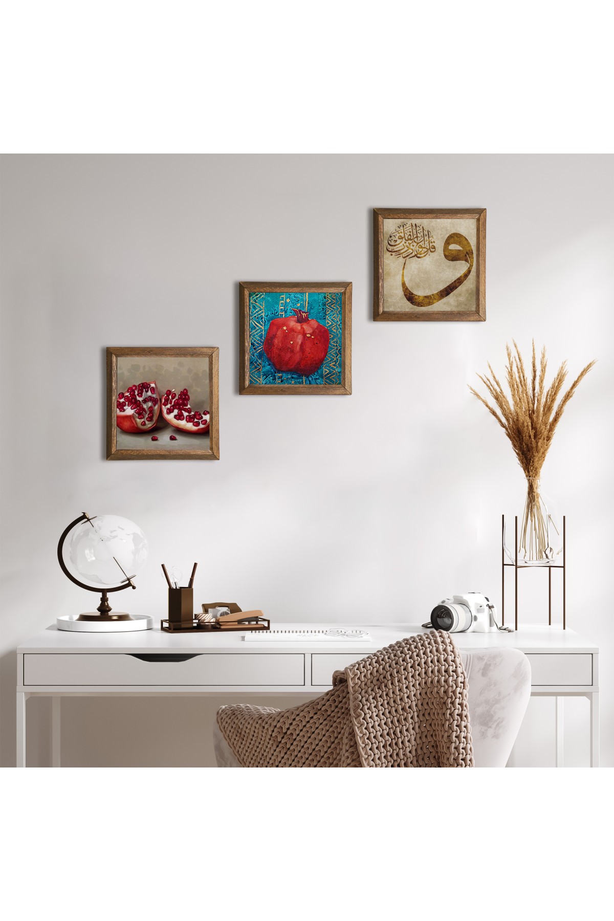 Vav, Pomegranate Stone Wall Painting Wooden Framed Wall Decor 3 Piece Painting Set Wall Art