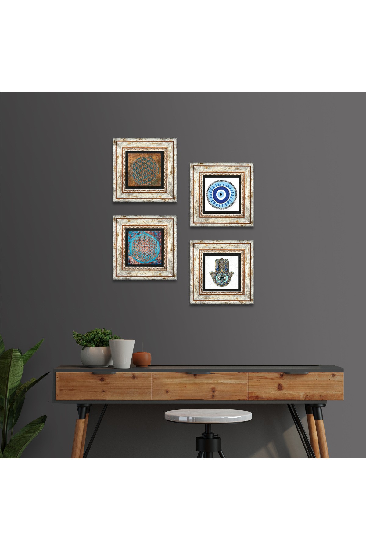 Evil Eye, Flower of Life, Hand of Mother Fatma (Hamsa) Stone Wall Painting Framed Wall Decoration 4 Piece Painting Set Wall Art