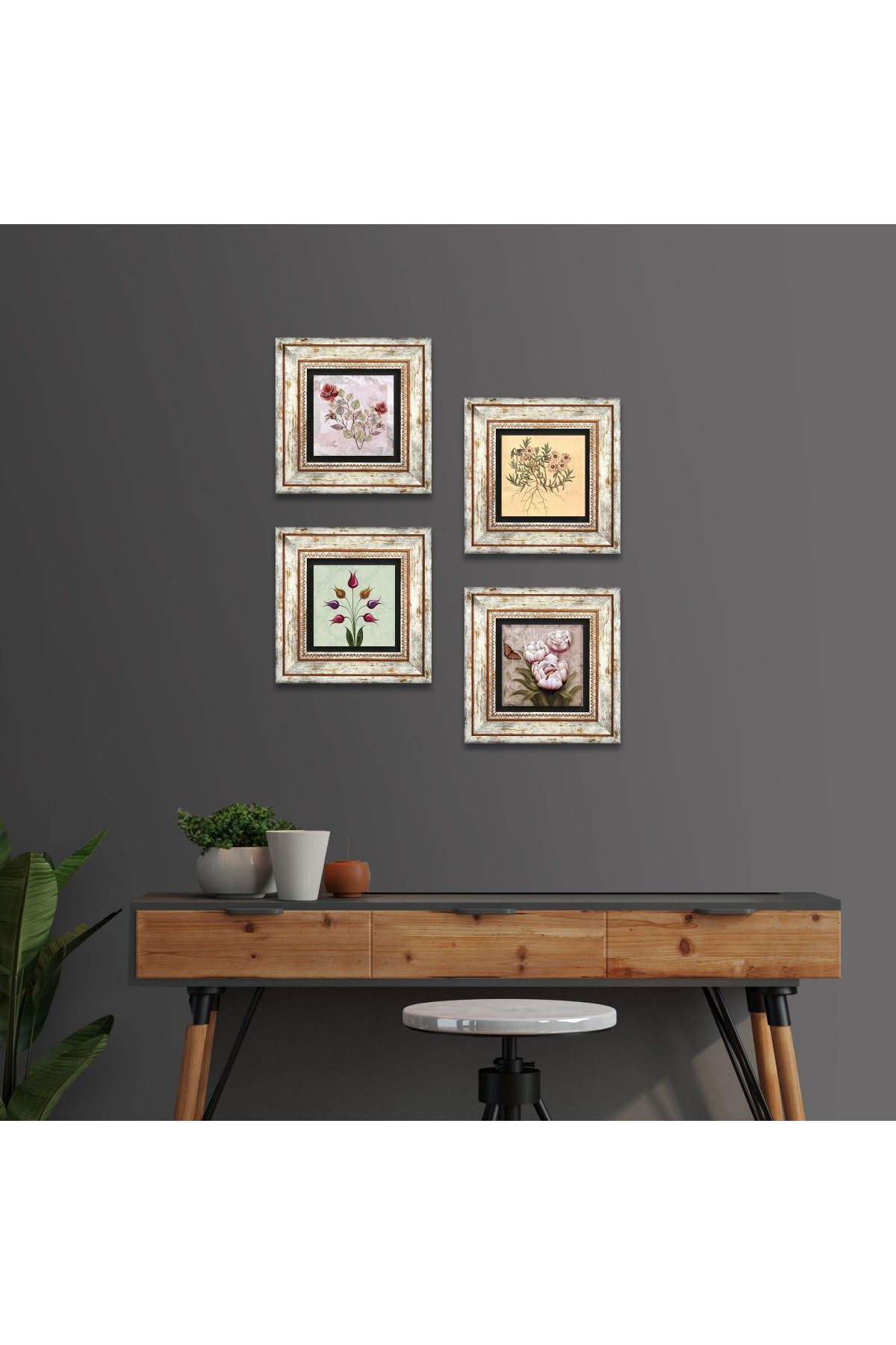 Gül, Vintage Çiçek, Lale, Kelebekli Çiçek Taş Duvar Tablosu Çerçeveli Duvar Dekoru 4 Parça Tablo Seti Wall Art