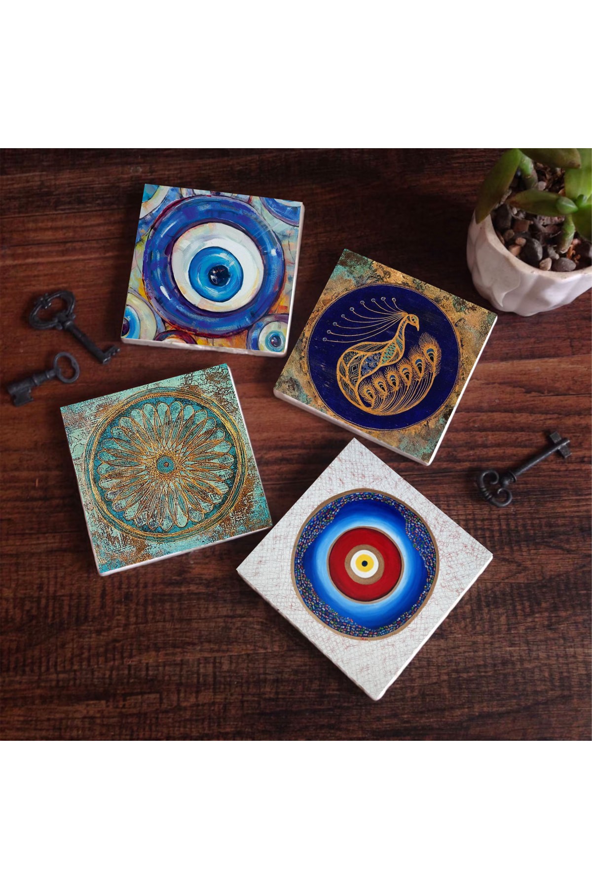 Evil Eye, Peacock, Flower of Life Stone Coasters Desktop Protective Coasters 4 Piece Set 10x10cm Stone Coasters