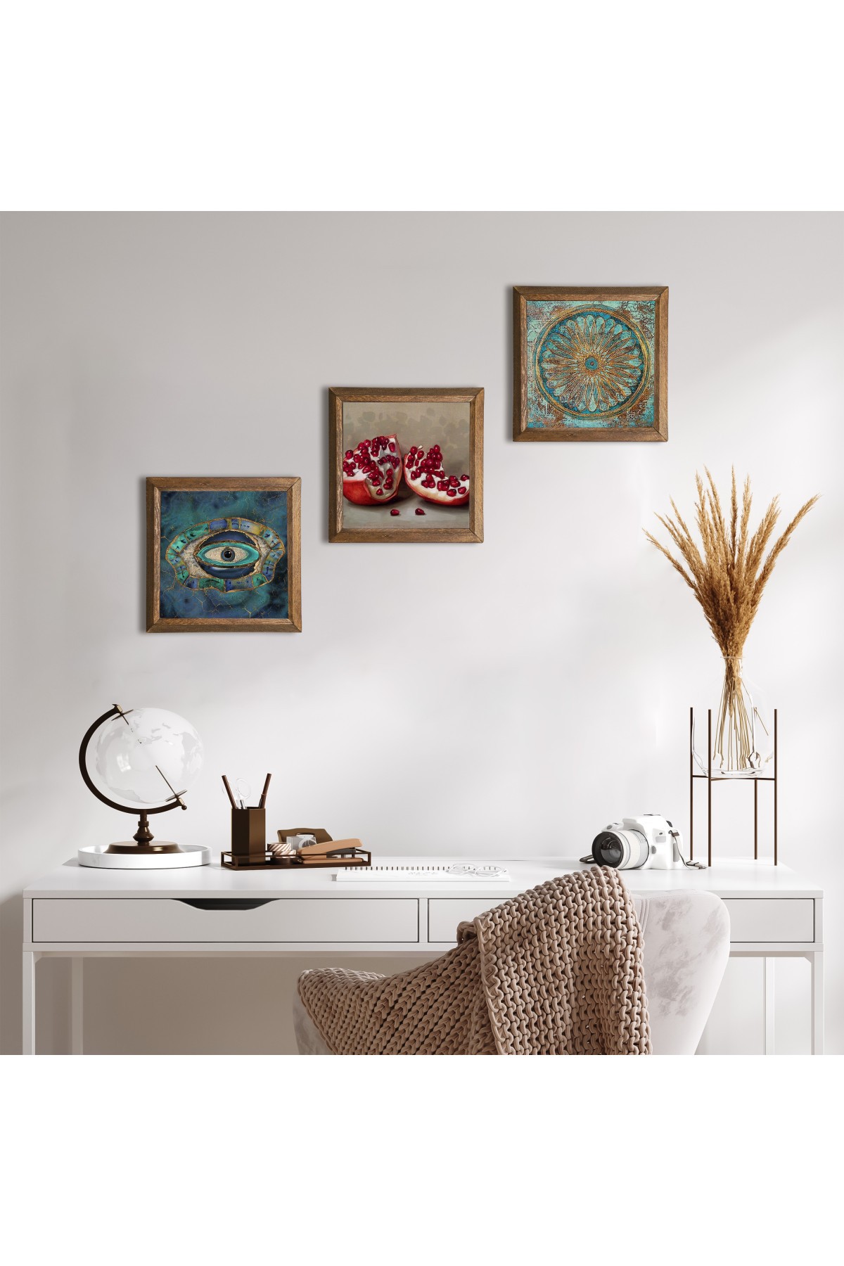 Nazar, Yaşam Çiçeği, Nar Taş Duvar Tablosu Ahşap Çerçeveli Duvar Dekoru 3 Parça Tablo Seti Wall Art