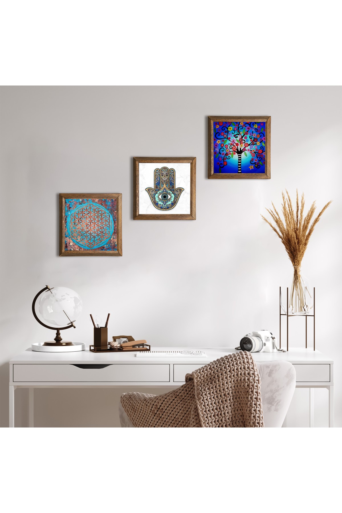 Flower of Life, Tree of Life, Hand of Mother Fatima (Hamsa) Stone Wall Painting Wooden Framed Wall Decor 3 Piece Painting Set Wall Art