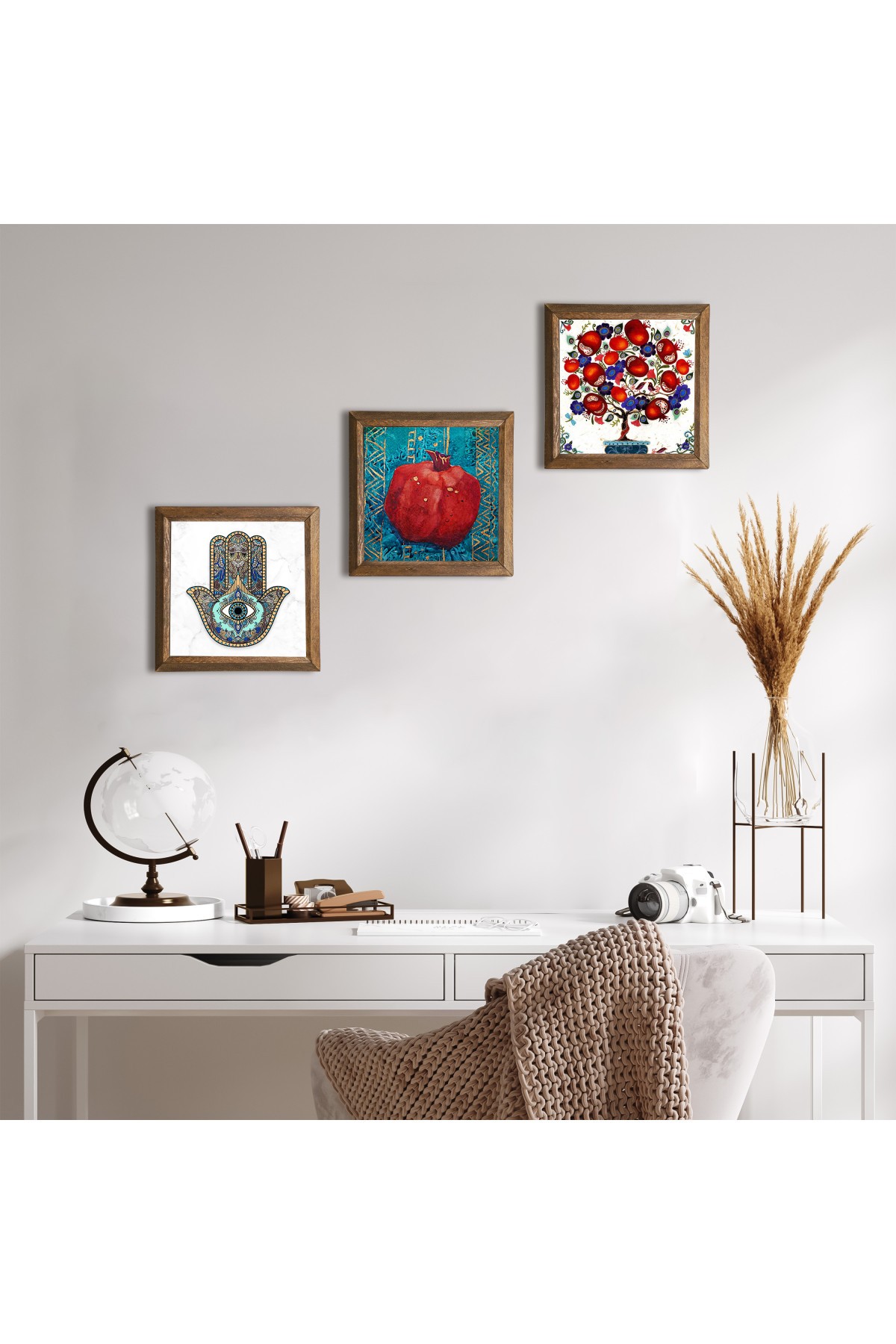 Pomegranate Tree, Pomegranate, Hand of Mother Fatima (Hamsa) Stone Wall Painting Wooden Framed Wall Decor 3 Piece Painting Set Wall Art