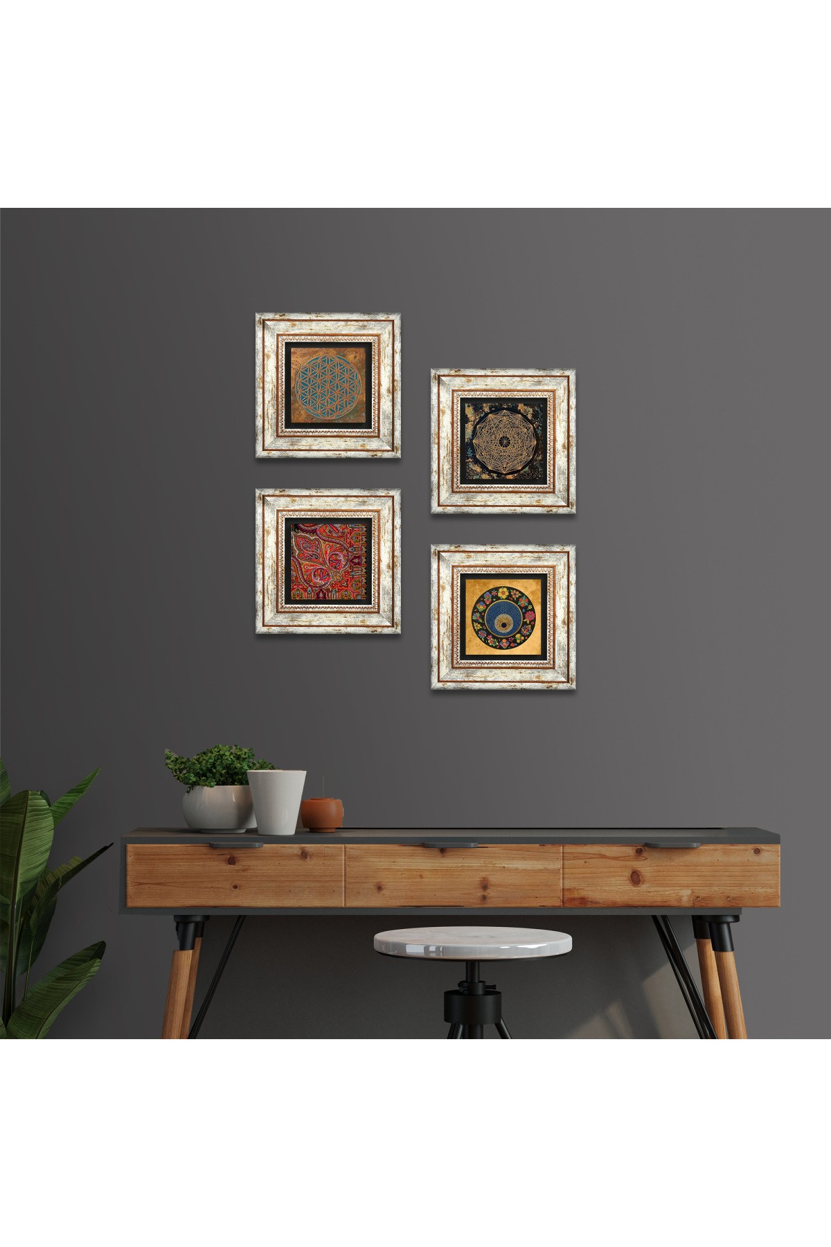 Yaşam Çiçeği, Sri Yantra, Nazar, Desen Taş Duvar Tablosu Çerçeveli Duvar Dekoru 4 Parça Tablo Seti Wall Art