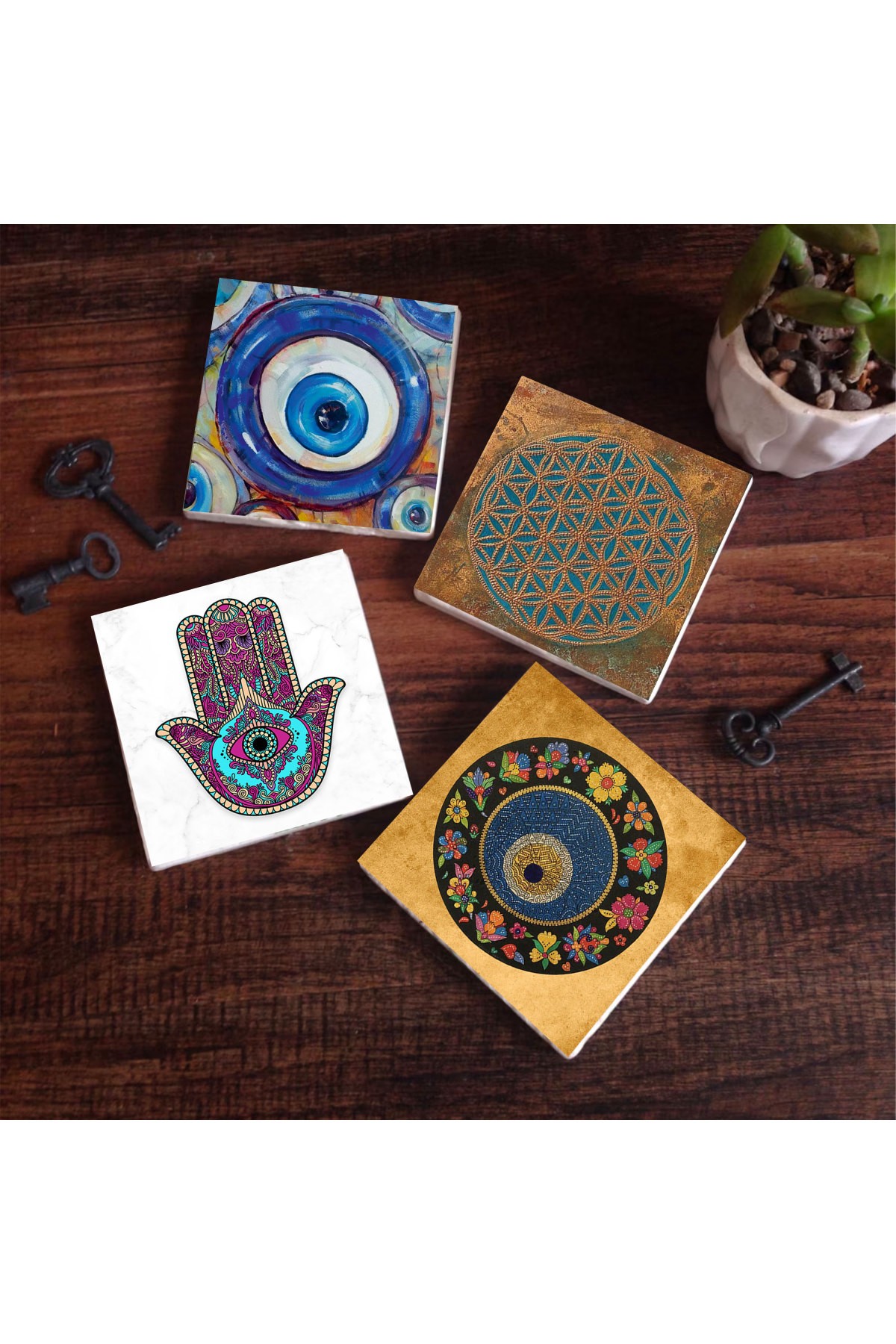 Nazar, Yaşam Çiçeği, Fatma Ana Eli (Hamsa) Taş Bardak Altlığı Masaüstü Koruyucu Altlık 4 Parça Set 10x10cm Stone Coasters