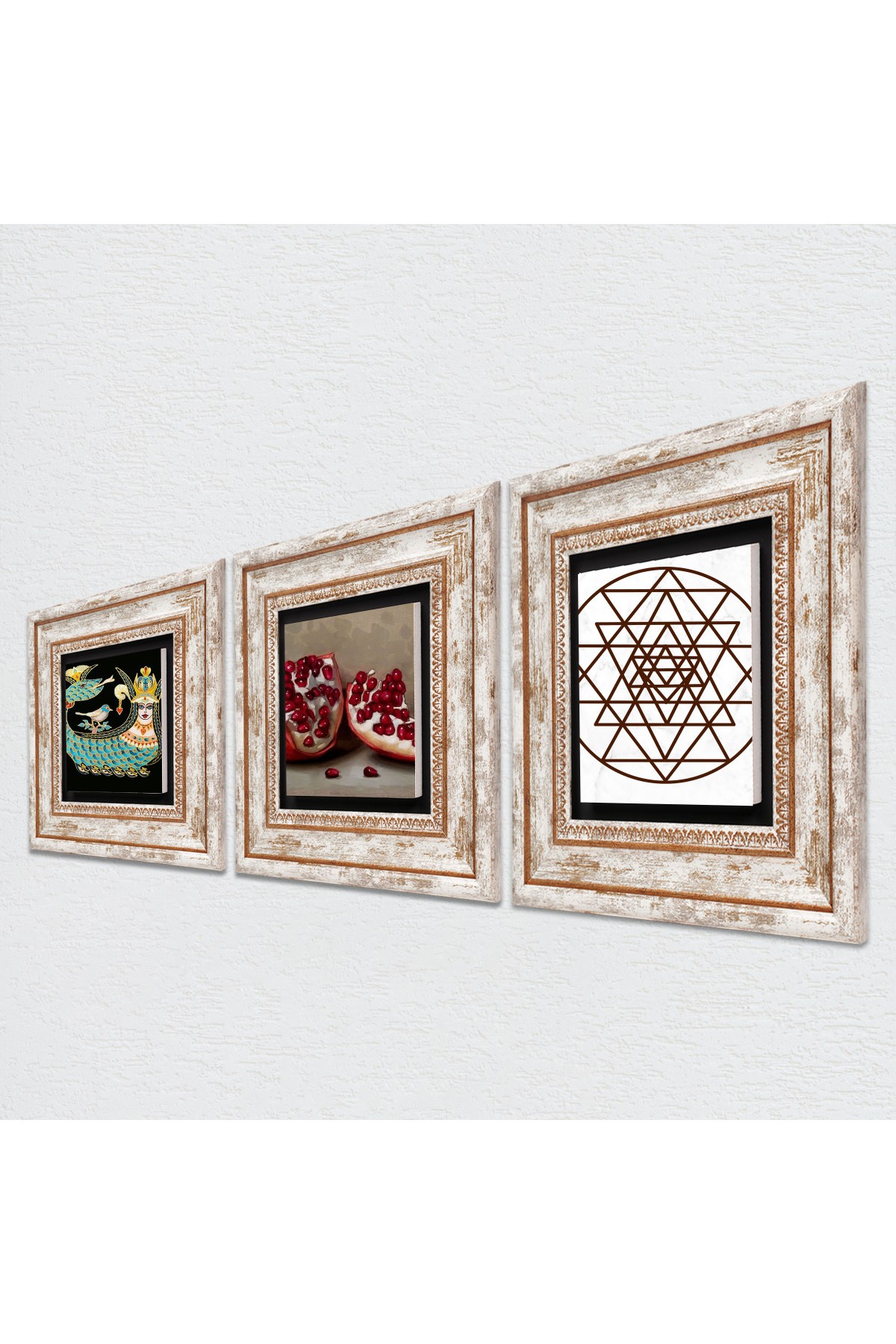 Sri Yantra, Şahmeran, Nar Taş Duvar Tablosu Çerçeveli Duvar Dekoru 3 Parça Tablo Seti Wall Art