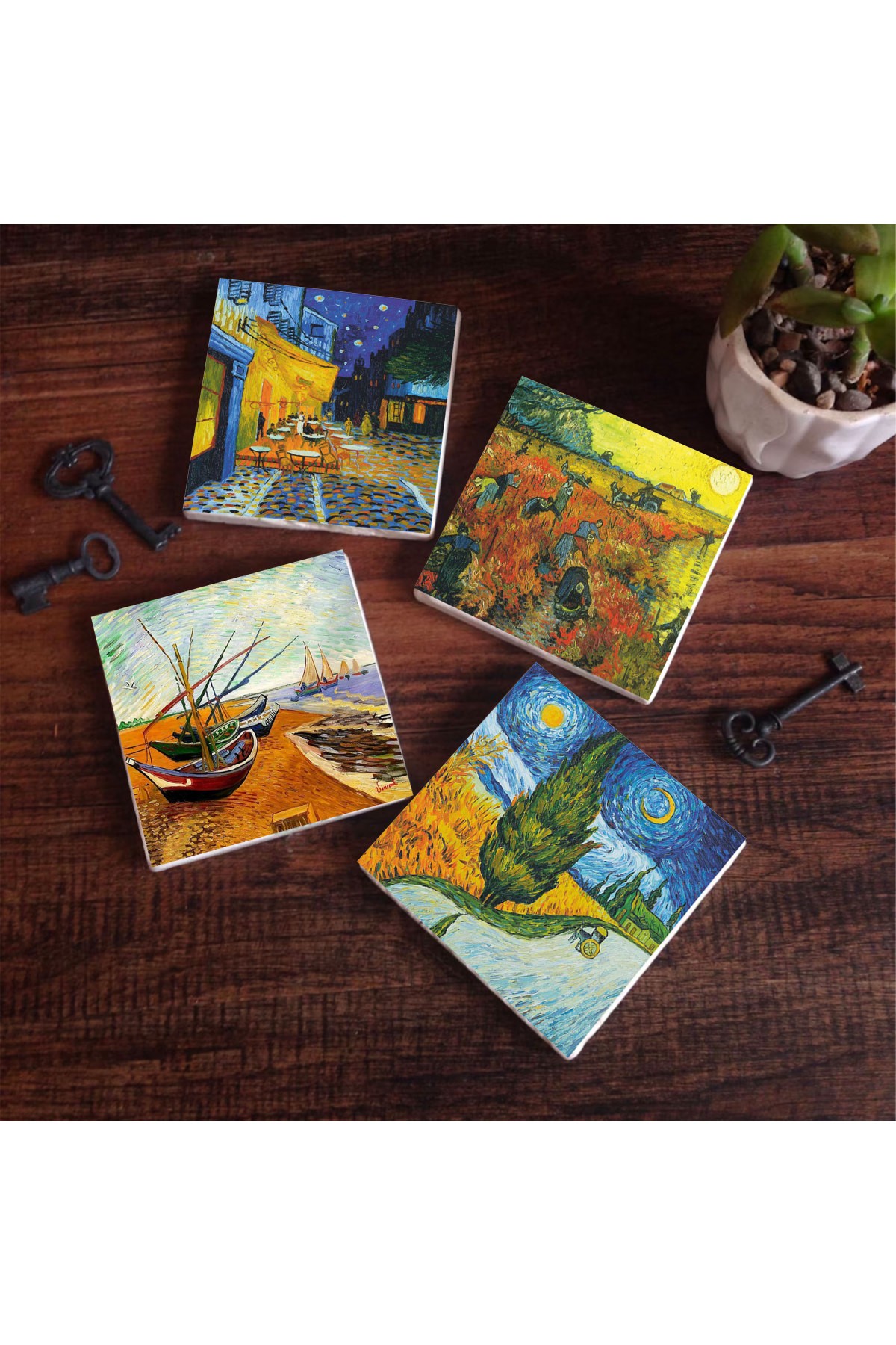 Van Gogh Selvili Yol, Kırmızı Bağ, Kafe Terasta Gece, Balıkçı Tekneleri Taş Bardak Altlığı Masaüstü Koruyucu Altlık 4 Parça Set 10x10cm Stone Coasters