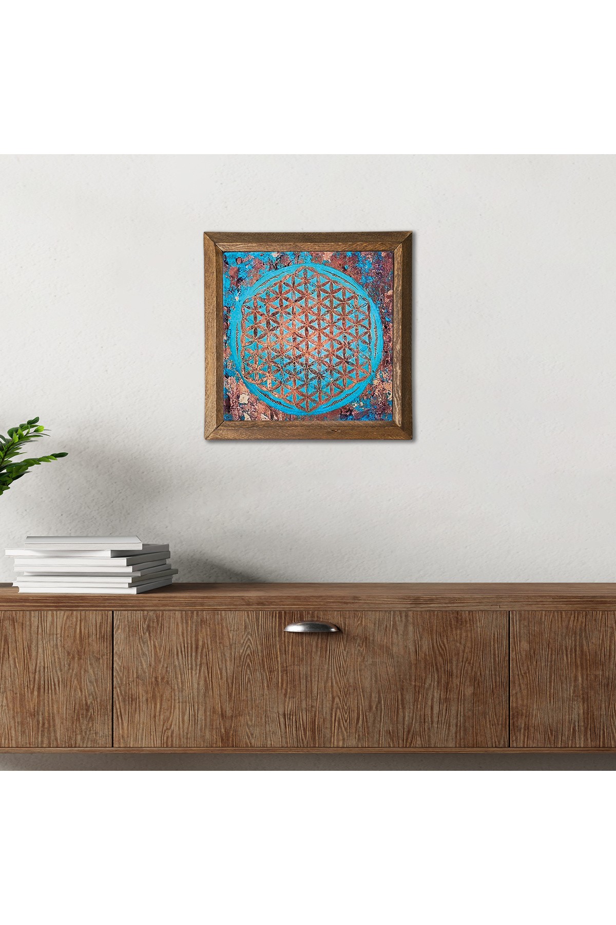 Yaşam Çiçeği Taş Duvar Tablosu Ahşap Çerçeveli Duvar Dekoru Wall Art 25x25cm