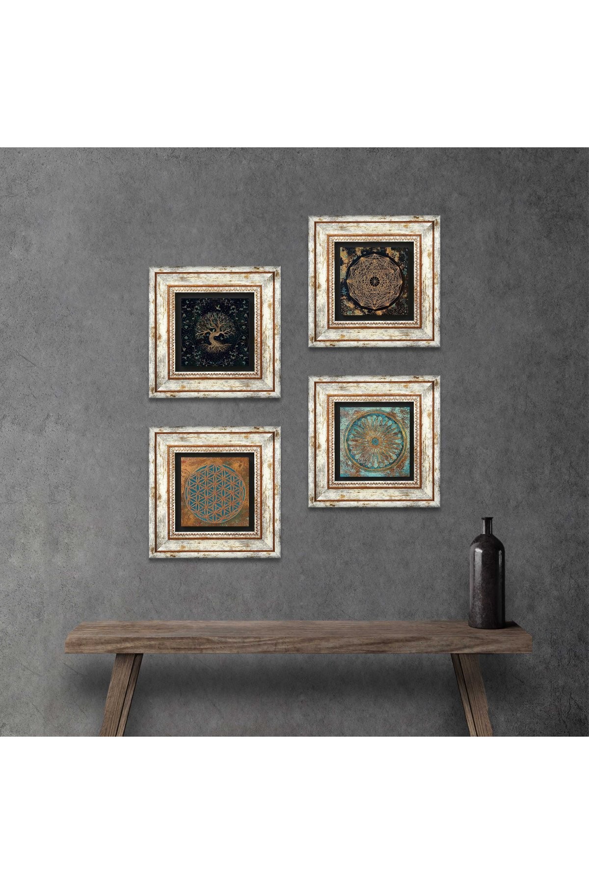 Sri Yantra, Flower of Life, Tree of Life Stone Wall Painting Framed Wall Decor 4 Piece Painting Set Wall Art