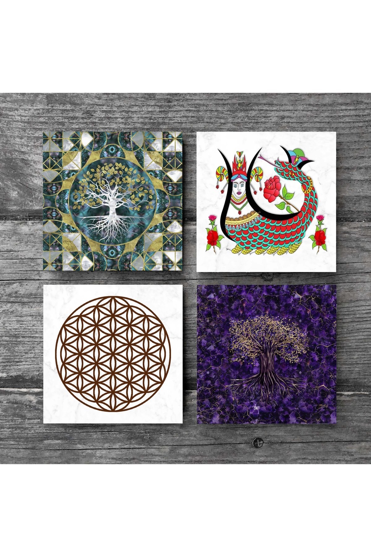 Tree of Life, Flower of Life, Shahmaran Stone Coasters Desktop Protective Coasters 4 Piece Set 10x10cm Stone Coasters