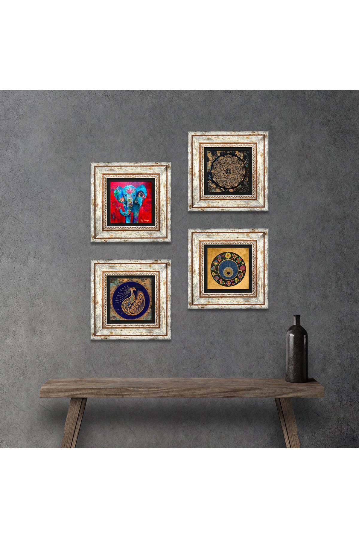 Elephant, Sri Yantra, Peacock, Evil Eye Stone Wall Painting Framed Wall Decor 4 Piece Painting Set Wall Art