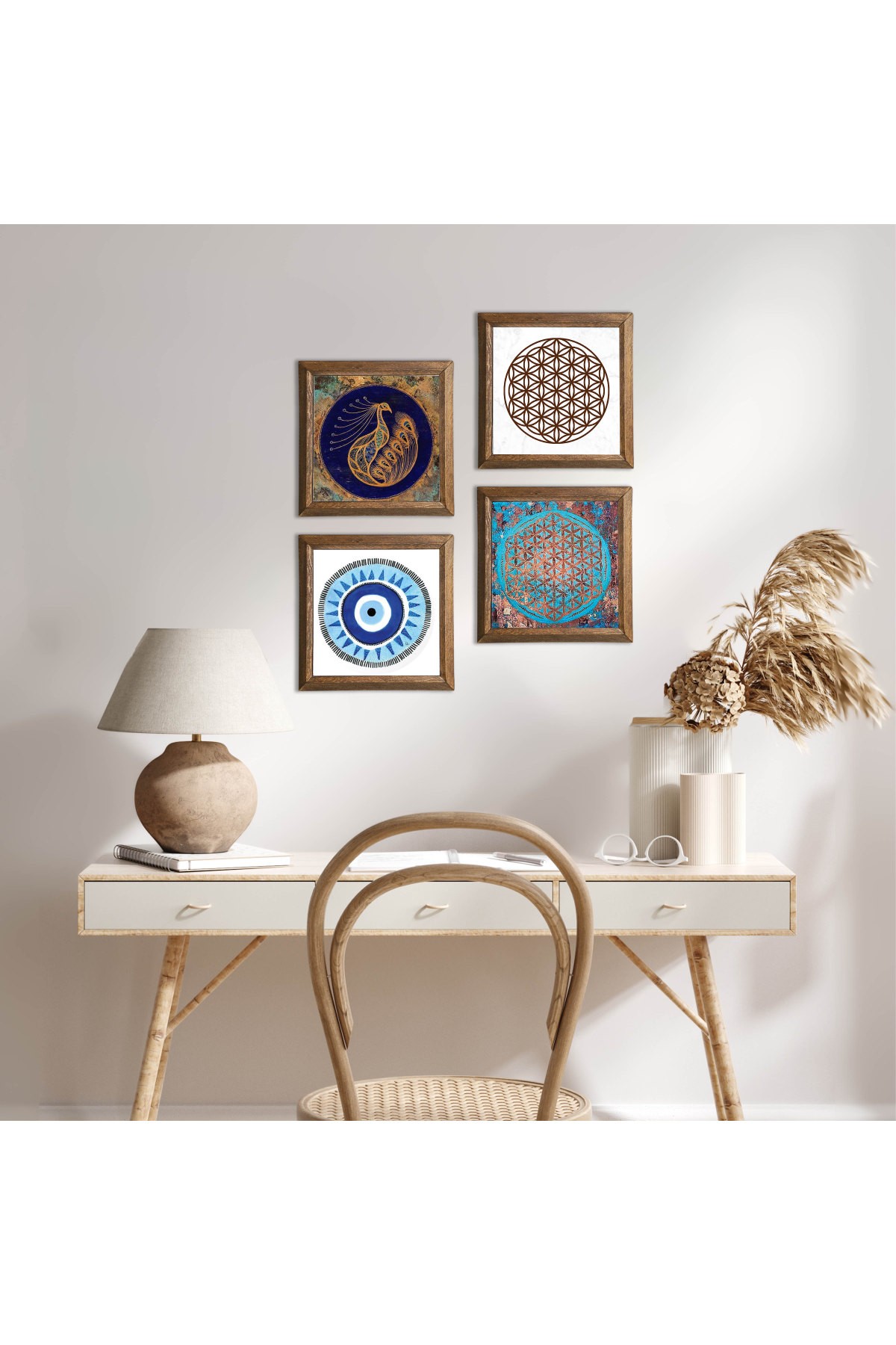 Evil Eye, Peacock, Flower of Life Stone Wall Painting Wooden Framed Wall Decor 4 Piece Painting Set Wall Art