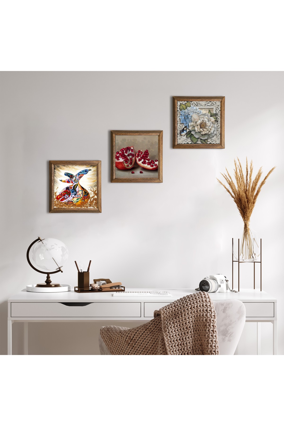 Butterfly Flower, Whirling Dervish, Pomegranate Stone Wall Painting Wooden Framed Wall Decor 3 Piece Painting Set Wall Art